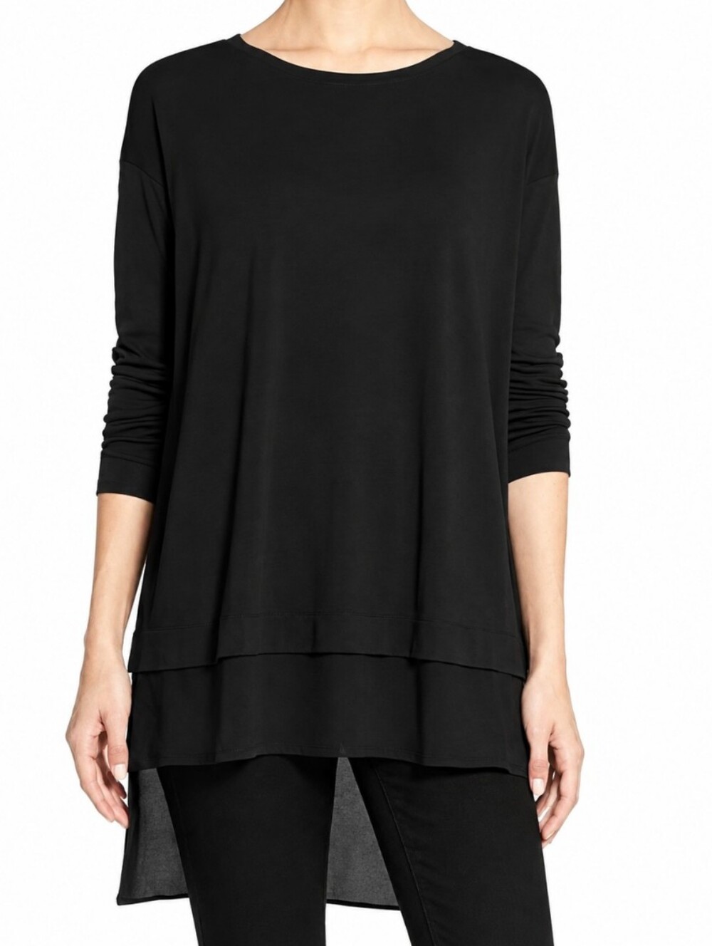 Eileen Fisher 100% Silk Long Sleeve  Jersey Tunic w/Sheer Hem Size S